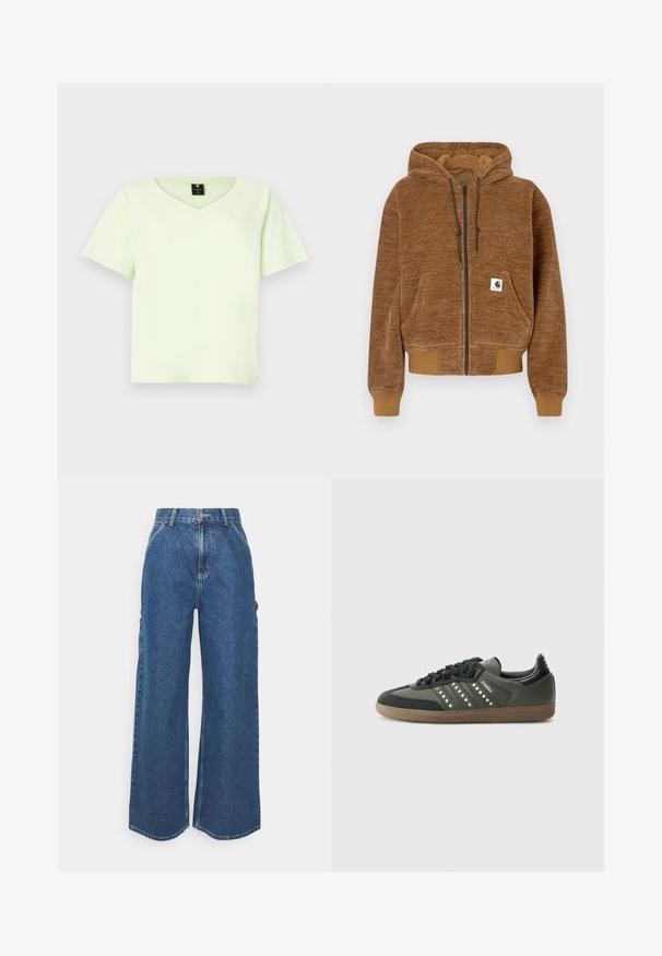 Pruun tõmbluku ja kapuutsi ning stringiga dressipluus, esiosa tasku, soonikuga varrukaotsad ja hem ning valge Carhartti brändi silt taskus.; Heleda roheline V-kaelusega T-särk, mis on valmistatud puuvillast. Lühikesed varrukad, mugav lõige ja väike logo rinnal. Sile tekstuur ilma mustriteta.; Laiene jalad sinised denim püksid kõrge vöökohaga, kontrastsete õmblustega ja küljetaskutega, klassikalise viie taskuga disainiga ja toore servaga.; adidas Originals SAMBA OG - Tossud - core black/legend earth/gum