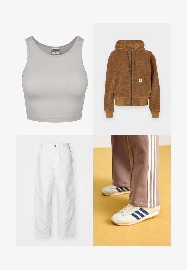 Hnedý zip-up mikina s kapucňou na šnúrku, prednou vreckom, rebrovanými manžetami a lemom, a bielou značkou Carhartt na vrecku.; Svetlosivý rebrovaný crop top s okrúhlym výstrihom a širokými ramienkami, vyrobený z elastického materiálu. V strede sa nachádza nálepka Urban Classics.; Biele cargo nohavice vyrobené z denimu, s voľným strihom, bočnými vreckami a viditeľnými švami. Jednoduchý predný diel so zapínaním na gombík.; Krémové tenisky s modrými semišovými pruhmi, bielymi šnúrkami a gumovou podrážkou. Tento outfit dopĺňajú šedé teplákové nohavice s bielymi bočnými pruhmi.