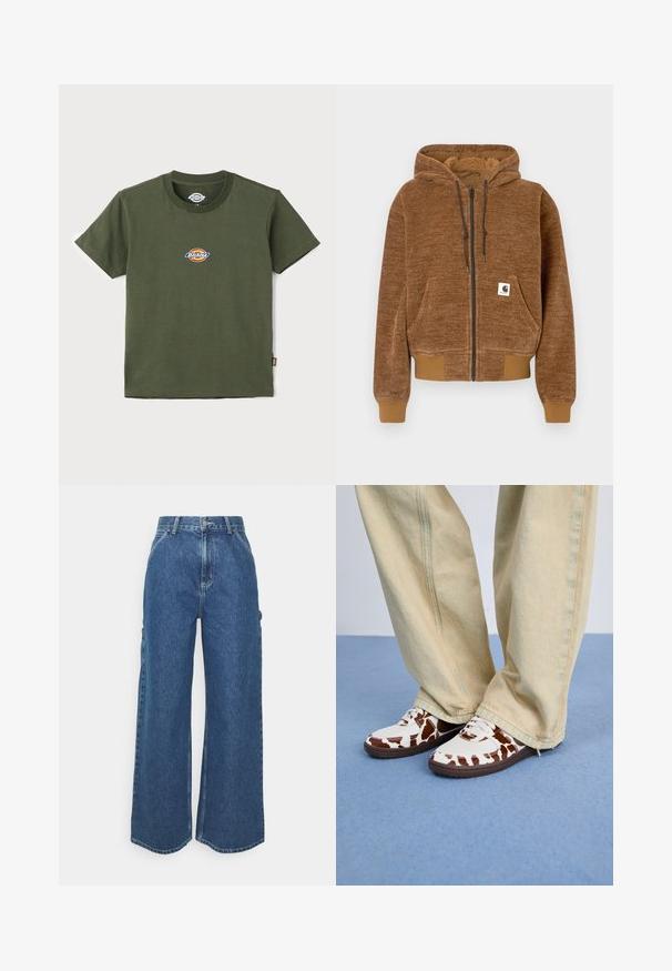 Rjava zip-up kapuca z nastavljivo kapuco, sprednjim žepom, rebrastimi manšetami in spodnjim robom ter belim Carhartt logotipom na žepu.; Olivno zelena bombažna majica s krožno izrezanim ovratnikom in kratkimi rokavi. Ima večbarvno nalepko na prsih. Gladek material.; Široke modre denim hlače z visokim pasom, kontrastnim šivom in stranskimi žepi, ki vključujejo klasičen pet-džepni dizajn in robove brez obdelave.; Bele in rjave športne copate z mrežasto in usnjeno površino, ki imajo rjave gumijaste podplate. Ujemajo se z svetlobejžnimi širokimi hlačami.