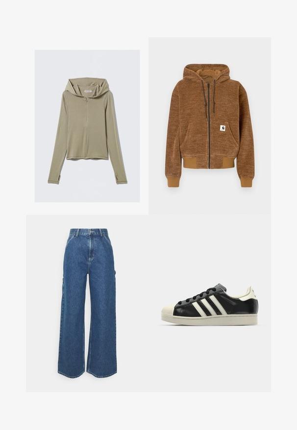 Sudadera con cremallera marrón, capucha con cordón, bolsillo delantero, puños y dobladillo acanalados, y etiqueta blanca de la marca Carhartt en el bolsillo.; Sudadera con capucha de manga larga color verde oliva con cremallera, hecha de tela suave. Cuenta con una capucha grande, costuras mínimas y orificios para los pulgares en las mangas.; Pantalones vaqueros de pierna ancha en azul con cintura alta, costuras en contraste y bolsillos laterales, que cuentan con un diseño clásico de cinco bolsillos y dobladillos sin rematar.; Zapatilla de cuero negro con rayas blancas, puntera de goma, cordones negros y suela color crema. Textura suave con acabado brillante.