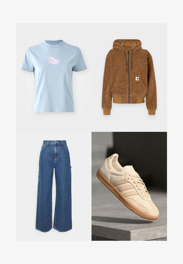 Brūns kapuce ar rāvējslēdzēju, ar regulējamu kapuci, priekšējo kabatu, ribotu aproču un apakšmalu, un balto Carhartt zīmola etiķeti uz kabatas.; Gaiši zila kokvilnas T-kreklus ar īsām piedurknēm un augstu apkakli, kas priekšpusē ir ar nelielu rozā izšūtu čaulu dizainu.; Platleņķa zili džinsi ar augstu jostasvietu, kontrastējošām šuvēm un sānu kabatām, ar klasisku piecu kabatu dizainu un neapstrādātiem malām.; Gaišbeige zamšas sneakeris ar gumijas zoli, trim diagonālām svītrām un teksturētu purngali. Uz mēles un sānos ir redzams logotips.