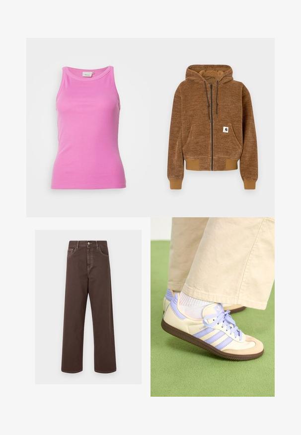 Hanorac maro cu fermoar, glugă cu șnur, buzunar frontal, manșete și tiv cu model în relief, și etichetă albă Carhartt pe buzunar.; Gestuz DREW - Top - super pink; Pantaloni din denim maro, cu croială largă, cusături contrastante, cinci buzunare și închidere cu un buton metalic. Textură netedă, croială dreaptă.; Adidași crem și lavandă cu trei dungi și o talpă texturată maro, având șireturi și un călcâi căptușit. Superior din material moale.
