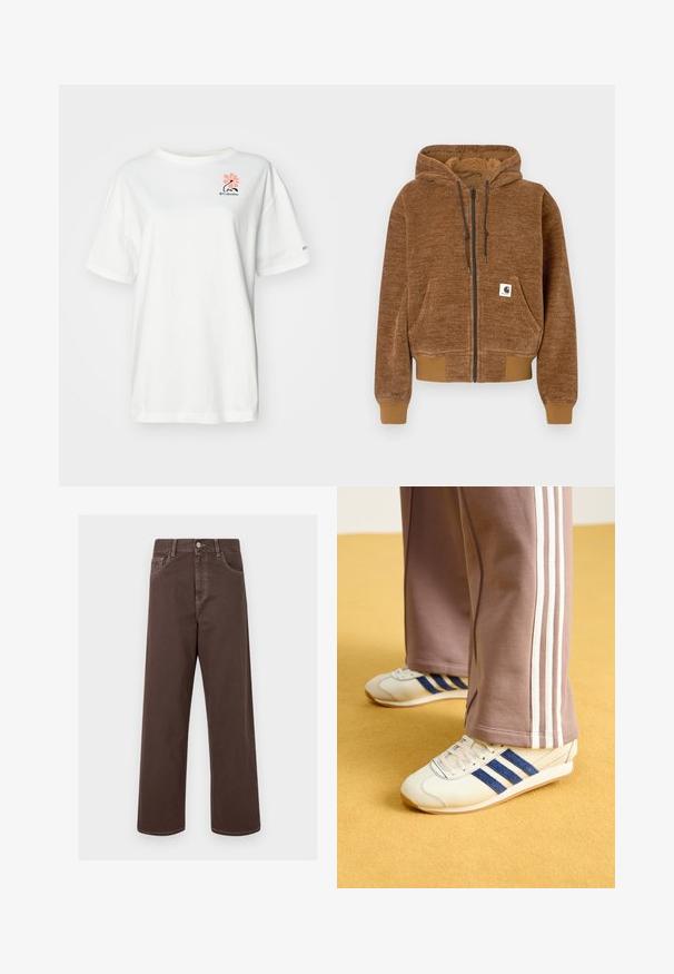 Bruine ritshoodie met trekkoordkap, voorkeepocket, ribgebreide manchetten en zoom, en een wit Carhartt merkembleem op de pocket.; Witte korte mouwen t-shirt van katoen, met een roze bloemenprint en een klein zwart logo op de linkerborst.; Bruine wijde denim broek met contrasterende stiknaden, vijf zakken en een metalen knoopsluiting. Soepele textuur, rechte snit.; Creatieve sneakers met blauwe suède strepen, witte veters en een rubberen zool. Gecombineerd met grijze trainingsbroeken met witte zijkanten.