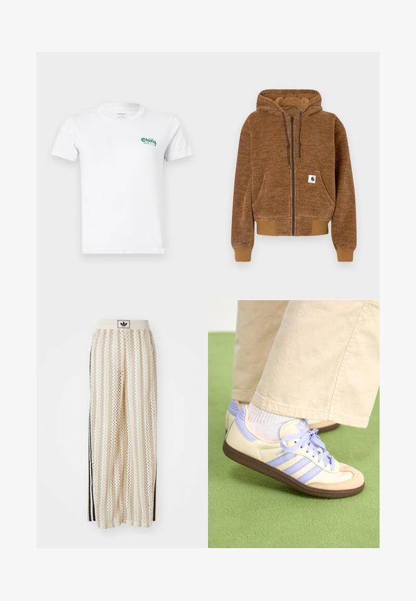 Brun genser med glidelås og hette med snor, frontlomme, ribbestrikkede mansjetter og kant, samt hvit Carhartt merkeetikett på lommen.; Hvit bomull T-skjorte med korte ermer og rund hals. Den har et bemerkelsesverdig grønt brodert "Obey"-logo på venstre bryst.; Kremfargede bukser med brede ben og zigzag-mønster, med en svart logo-linning og svarte striper på siden. Lett, teksturert stoff.; Kremfargede og lavendelfargede joggesko med tre striper og en teksturert brun såle, med lisser og en polstret hæl. Mykt stofføvre.
