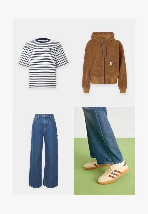 Pruun tõmbluku ja kapuutsi ning stringiga dressipluus, esiosa tasku, soonikuga varrukaotsad ja hem ning valge Carhartti brändi silt taskus.; Röstripeeritud lühikese varrukaga t-särk valge ja tumesinise värviga. Omab ümarat kaelust, millel on tumesinine soonik ja väike tikitud logo rinnal.; Laiene jalad sinised denim püksid kõrge vöökohaga, kontrastsete õmblustega ja küljetaskutega, klassikalise viie taskuga disainiga ja toore servaga.; Beežid spordijalatsid tekstuursete kreemjatest paneelidest ja pruunidest triipudest, koos siniste denim pükstega. Püksid on avara säärega ja narmendava äärega.