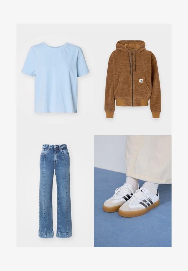 Fleece com fecho éclair castanho, capuz com cordão, bolso frontal, punhos e bainha canelados, e etiqueta branca da marca Carhartt no bolso.; T-shirt de algodão azul claro com mangas curtas, decote redondo e corte reto. Apresenta uma fenda lateral para um toque extra de estilo e conforto.; Jeans de ganga azul claro, de perna larga e cintura alta, com bolsos frontais e detalhes cosidos. A bainha está enrolada e cosida.; Ténis brancos com riscas pretas e detalhes em camurça bege. Apresentam uma sola de borracha texturizada e atacadores brancos lisos, usados com meias de tom claro.