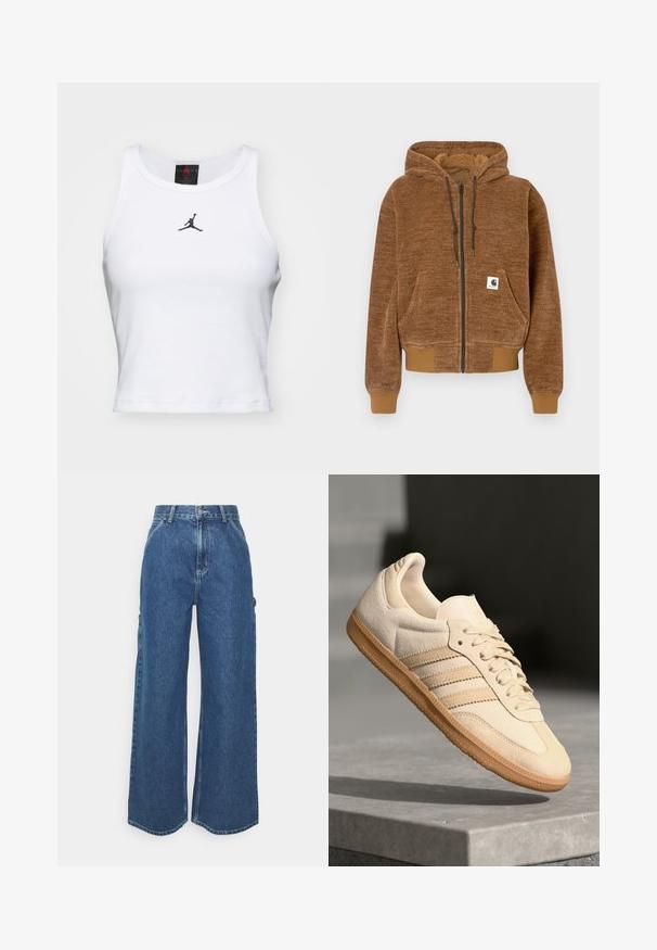 Brown zip-up hoodie with drawstring hood, front pocket, ribbed cuffs and hem, and white Carhartt brand label on pocket.; White crop tank top made of cotton with a ribbed texture. Features a black Jordan logo at the center and a classic crew neckline.; Wide-leg blue denim trousers with a high waist, contrasting stitching, and side pockets, featuring a classic five-pocket design and raw hems.; Light beige suede sneaker with gum outsole, three diagonal stripes, and a textured toe cap. Features logo on the tongue and side.