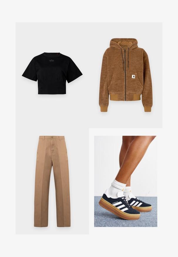 Brun genser med glidelås og hette med snor, frontlomme, ribbestrikkede mansjetter og kant, samt hvit Carhartt merkeetikett på lommen.; Svart avkortet t-skjorte laget av bomull. Har kort ermer og rund halsutskjæring. Inkluderer en subtil logodetalj på brystet.; Brune bomullsbukser med rette ben, som har knappelukking, beltehemper og få sømmer for et rent utseende.; Svarte sneakers i semsket skinn med hvite striper og detaljer, rund tå, yttersåle i gummigummi, kombinert med hvite ribbestrikkede crew-sokker.