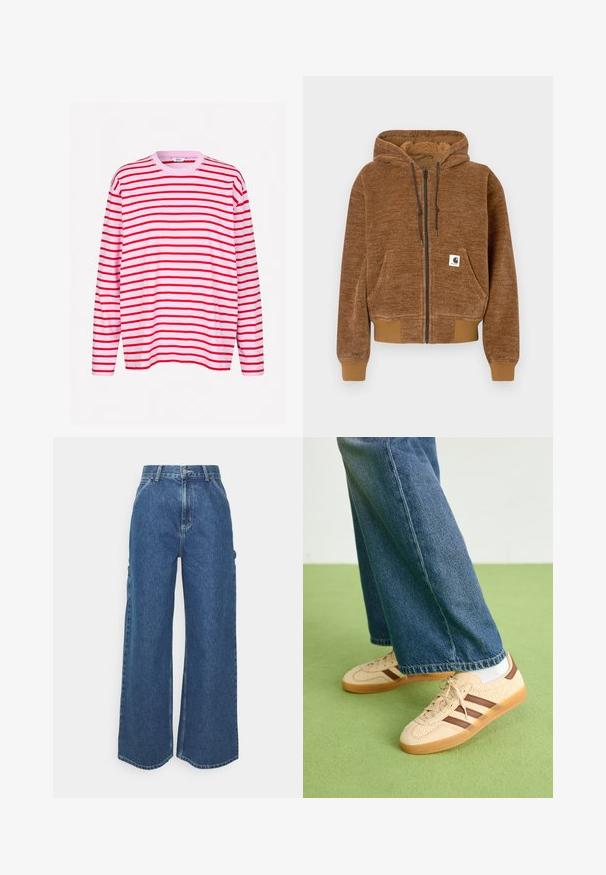 Hanorac maro cu fermoar, glugă cu șnur, buzunar frontal, manșete și tiv cu model în relief, și etichetă albă Carhartt pe buzunar.; Envii KULLA - Bluză cu mânecă lungă - pirouette/salsa; Pantaloni din denim albastru cu talie înaltă și picioare largi, cu o cusătură contrastantă și buzunare laterale, având un design clasic cu cinci buzunare și margini brut.; Tenisi bej cu panouri texturate de culoare crem și dungi maro, asortați cu blugi din denim albastru. Blugii au un croi larg și o margine desfăcută.