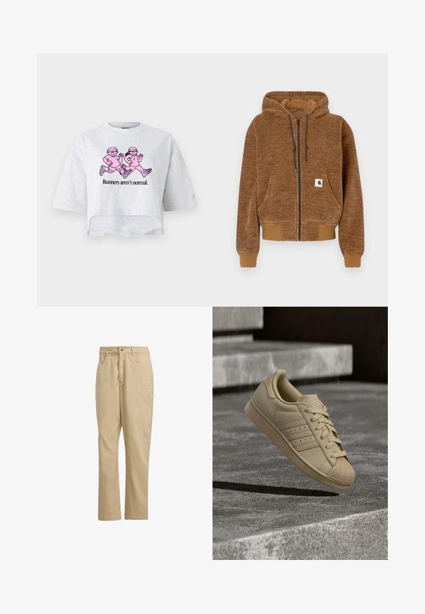 Brown zip-up hoodie with drawstring hood, front pocket, ribbed cuffs and hem, and white Carhartt brand label on pocket.; Gray cropped t-shirt made of cotton with short sleeves. Features a pink graphic of two running figures and the text "Runners aren’t normal."; Khaki cotton trousers with a straight cut, featuring a front button closure, two side pockets, and minimal branding on the front.; Beige sneaker with smooth leather upper, lace-up design, textured toe cap, and three striped accents. Set against a minimal concrete background.