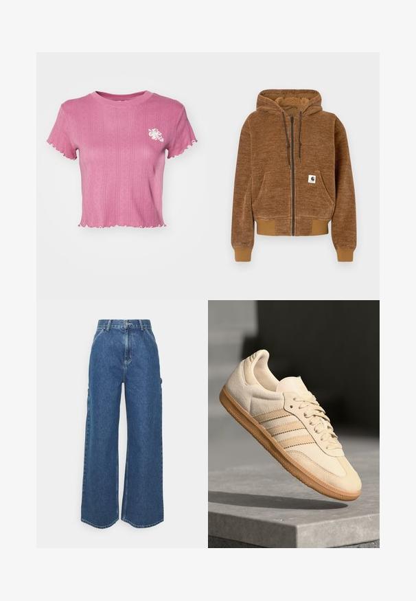 Brun lynlås hættejakke med snørehætte, frontlomme, ribbet ærmer og kant, samt hvid Carhartt mærkeetiket på lommen.; Rosa cropped t-shirt med ribbet tekstur og bølgende kanter. Har en hvid blomsterbroderi på venstre bryst. Letvægtsstof.; Bredde ben blå denimbukser med høj talje, kontrastsyede sømme og sidelommer, med et klassisk fem-lomme design og rå kanter.; Lys beige ruskinds sneakers med gummisål, tre diagonale striber og en tekstureret tætsko. Har logo på tungen og siden.
