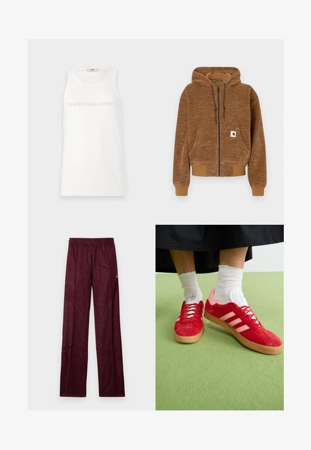 Bruine ritshoodie met trekkoordkap, voorkeepocket, ribgebreide manchetten en zoom, en een wit Carhartt merkembleem op de pocket.; Witte tanktop van zacht materiaal. Verdere kenmerken zijn de tekst "SHADOWBANNED" in lichtgrijs over de borst. Eenvoudig, mouwloos ontwerp.; Bordeaux sportieve broek gemaakt van gestructureerde stof, met een elastische tailleband en zijnaad voor een recht model.; Rode suède sneakers met roze accenten, een witte drie-strepen logo en rode veters. Gedragen met witte geribbelde crew-sokken op een groene ondergrond.