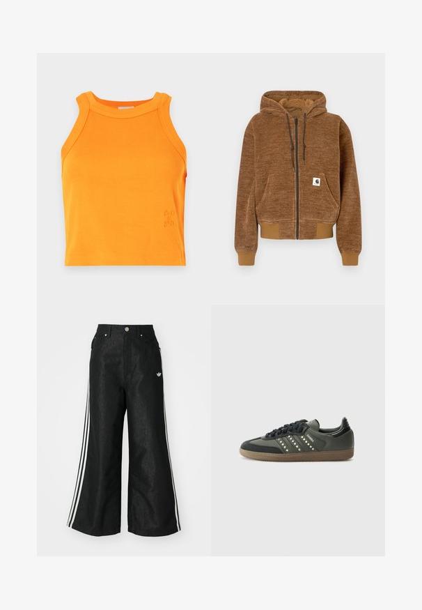 Barna, cipzáras kapucnis pulcsi, állítható kapucnival, elülső zsebbel, bordás mandzsettákkal és alsó résszel, valamint fehér Carhartt márkajelzéssel a zseben.; A bordázott narancssárga ujjatlan póló magas nyakkivágással. Finom logórészlet található az alján. Puha, rugalmas anyag.; Fekete, bő szárú farmernadrág, mindkét oldalon három fehér csík díszítéssel és egy kis fehér logóval. Elölzsebekkel és gombos záródással rendelkezik.; adidas Originals SAMBA OG - Sportcipő - core black/legend earth/gum