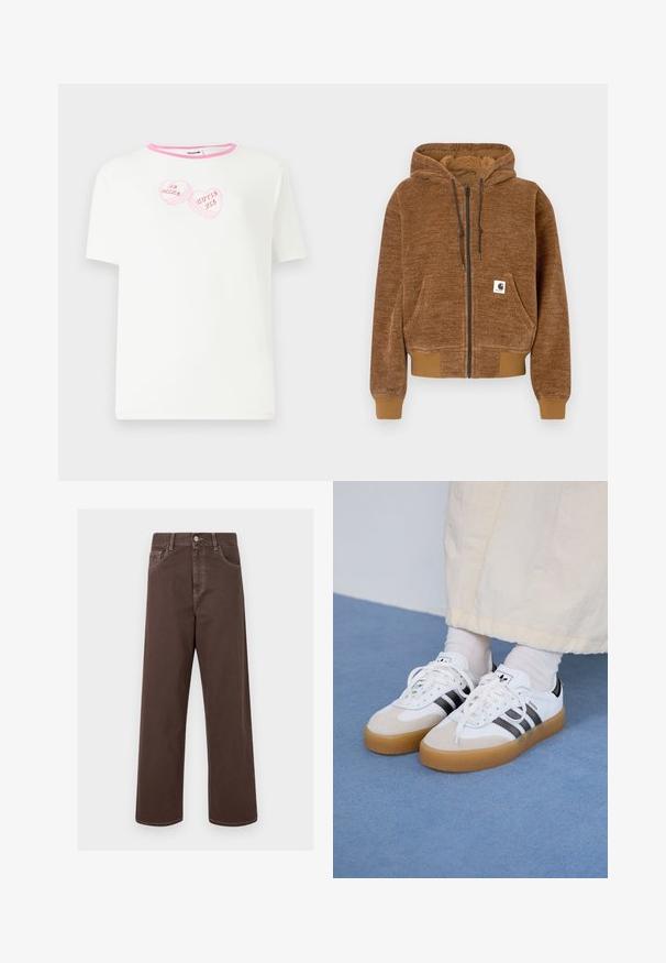 Brun genser med glidelås og hette med snor, frontlomme, ribbestrikkede mansjetter og kant, samt hvit Carhartt merkeetikett på lommen.; Hvit kortermet t-skjorte med en rosa ribbestrikket hals, som har to rosa hjerteformede grafikker med teksten "BE MINE" og "CUTIE PIE."; Brune vide ben bukser i denim med kontrasterende syninger, fem lommer og metalknaplukning. Glat tekstur, lige snit.; Hvite sneakers med svarte striper og beige semsket skinn-detaljer. Har en teksturert gummisåle og flate hvite snører, brukt med lyse sokker.