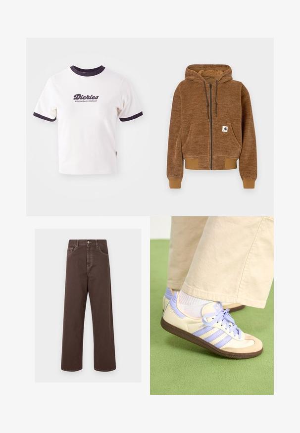 Brown zip-up hoodie with drawstring hood, front pocket, ribbed cuffs and hem, and white Carhartt brand label on pocket.; White T-shirt with dark navy ribbed collar and sleeves. Features a large graphic text logo in dark navy, "Dickies WORKWEAR COMPANY."; Brown wide-leg denim pants with contrasting stitching, five pockets, and a metal button closure. Smooth texture, straight cut.; Cream and lavender sneakers with three stripes and a textured brown sole, featuring laces and a padded heel. Soft fabric upper.