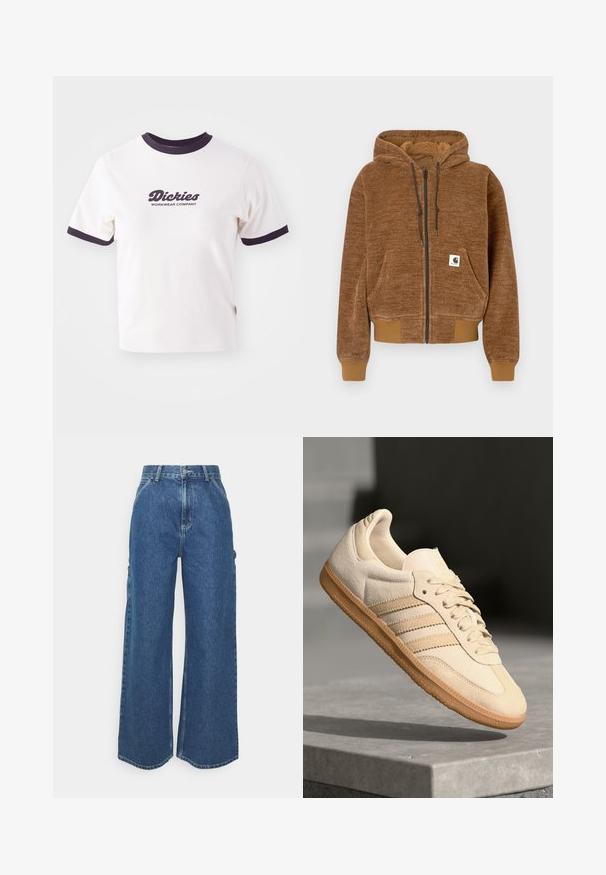 Pruun tõmbluku ja kapuutsi ning stringiga dressipluus, esiosa tasku, soonikuga varrukaotsad ja hem ning valge Carhartti brändi silt taskus.; Valge T-särk tumeda mereväepruuni ribavarrega kaeluses ja varrukates. Omab suurt graafilist logo tumedas mereväepruunis, "Dickies WORKWEAR COMPANY."; Laiene jalad sinised denim püksid kõrge vöökohaga, kontrastsete õmblustega ja küljetaskutega, klassikalise viie taskuga disainiga ja toore servaga.; Hele beeži sueded spordijalatsid, millel on kummist välistald, kolm diagonaalset triipu ja tekstuuriga varvaste katus. Omab logo keelel ja külgedel.