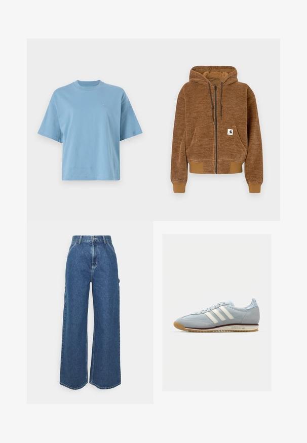 Hnědá mikina na zip s kapucí na stažení, přední kapsou, žebrovanými manžetami a lemem, a bílou značkou Carhartt na kapse.; Světle modré tričko s krátkým rukávem vyrobené z bavlny, s kulatým výstřihem a malým logem na hrudi. Uvolněný střih s hladkou texturou.; Široké modré džíny s vysokým pasem, kontrastním šitím a postranními kapsami, které mají klasický design s pěti kapsami a rozstřižené lemy.; Světlou modrou semišovou tenisku s bílými třemi pruhy, gumovou podrážkou a texturovanou mřížkou. Obsahuje hladký kryt špičky a branding na patě.