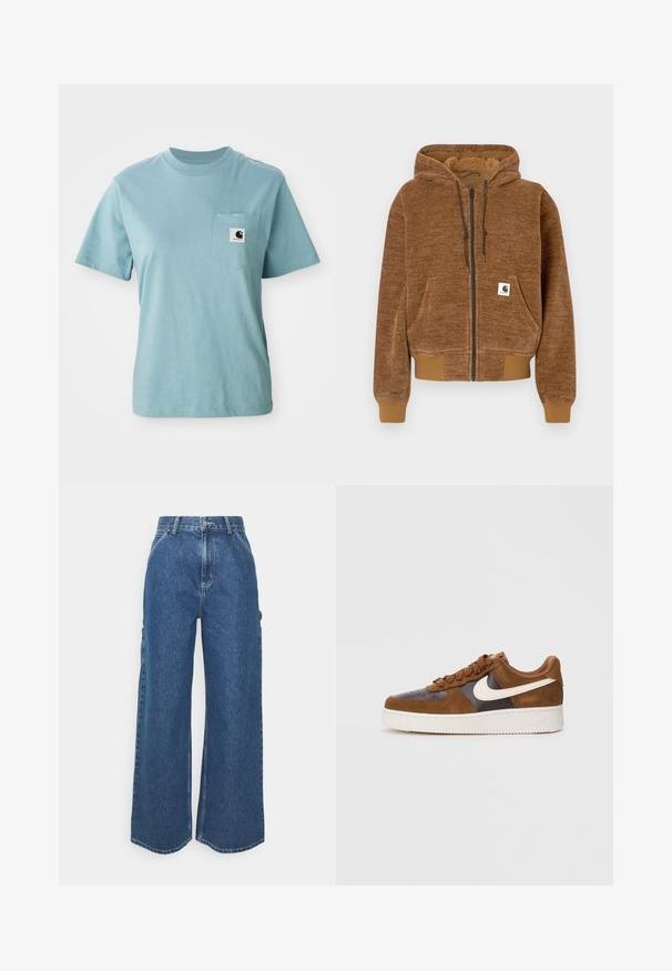 Smeđa dukserica na patent zatvarač s kapuljačom na šnuru, prednjim džepom, rebrastim manžetama i donjim rubom, te bijelom etiketom marke Carhartt na džepu.; Svijetloplava pamučna majica kratkih rukava s džepom na prsima, koja ima malu crno-bijelu oznaku Carhartt.; Široke plave traperice s visokim strukom, kontrastnim šavovima i bočnim džepovima, s klasičnim dizajnom s pet džepova i sirovim rubovima.; Smeđi donji dio od suknje i kožnih tenisica sa bijelim Swoosh logotipom, okruglim nosom, teksturiranim vezicama i debelim bijelim gumenim potplatom.