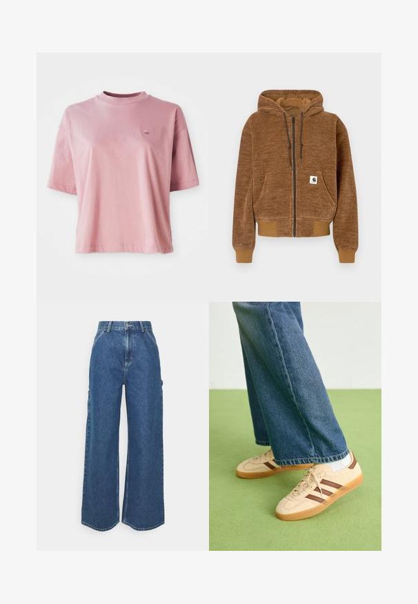 Fleece com fecho éclair castanho, capuz com cordão, bolso frontal, punhos e bainha canelados, e etiqueta branca da marca Carhartt no bolso.; T-shirt de manga curta e decote redondo em rosa claro, com um pequeno logotipo no lado superior esquerdo do peito, exibido sobre um fundo branco.; Calças de ganga azuis de perna larga com cintura alta, costuras em contraste e bolsos laterais, apresentando um design clássico de cinco bolsos e bainhas desfiadas.; Tenis bege com painéis texturizados em creme e riscas castanhas, combinados com jeans de ganga azul. Os jeans têm um corte largo e uma bainha desfiada.