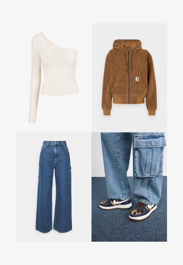 Brūns kapuce ar rāvējslēdzēju, ar regulējamu kapuci, priekšējo kabatu, ribotu aproču un apakšmalu, un balto Carhartt zīmola etiķeti uz kabatas.; Ilgi piedurkņu krekls gaiši bēšā krāsā ar vienu pleca izgriezumu. Gluda, elastīga auduma; pieguļošs dizains izceļ siluetu. Nav rakstu vai rotājumu.; Platleņķa zili džinsi ar augstu jostasvietu, kontrastējošām šuvēm un sānu kabatām, ar klasisku piecu kabatu dizainu un neapstrādātiem malām.; Tumši zili sporta apavi ar leoparda raksta akcentiem, baltu Nike swoosh, brūnām šņorēm un baltu starpsoļu daļu. Saskaņoti ar gaišiem denim cargo biksēm.