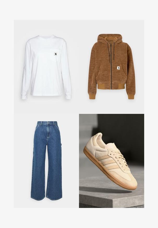 Rjava zip-up kapuca z nastavljivo kapuco, sprednjim žepom, rebrastimi manšetami in spodnjim robom ter belim Carhartt logotipom na žepu.; Bela majica z dolgimi rokavi, narejena iz bombaža, z žepom na prsih in kvadratnim logotipom, okrogel izrez in rebrasti manšeti.; Široke modre denim hlače z visokim pasom, kontrastnim šivom in stranskimi žepi, ki vključujejo klasičen pet-džepni dizajn in robove brez obdelave.; Svetlo bež semišni športni copat z gumijastim podplatom, trije poševni trakovi in teksturiran zaščitni del. Vsebuje logotip na ježku in strani.