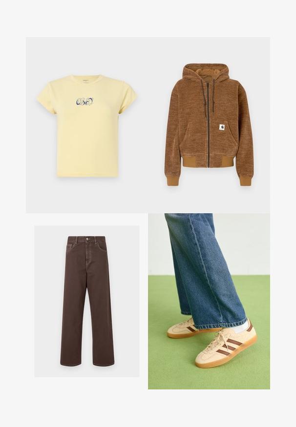 Brown zip-up hoodie with drawstring hood, front pocket, ribbed cuffs and hem, and white Carhartt brand label on pocket.; Yellow cotton t-shirt with a round neckline and short sleeves, featuring blue text logo "OBEY" in decorative font on the front.; Brown wide-leg denim pants with contrasting stitching, five pockets, and a metal button closure. Smooth texture, straight cut.; Beige sneakers with textured cream panels and brown stripes, paired with blue denim jeans. The jeans have a wide leg and frayed hem.