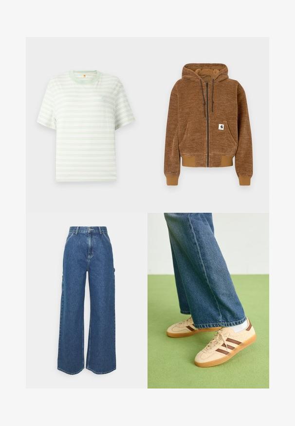 Hnědá mikina na zip s kapucí na stažení, přední kapsou, žebrovanými manžetami a lemem, a bílou značkou Carhartt na kapse.; Bílý tričko s krátkým rukávem a kulatým výstřihem, s světle zelenými vodorovnými pruhy, s malým logem v levém horním rohu. Měkká tkanina.; Široké modré džíny s vysokým pasem, kontrastním šitím a postranními kapsami, které mají klasický design s pěti kapsami a rozstřižené lemy.; Beige tenisky s texturovanými krémovými panely a hnědými pruhy, kombinované s modrými džínovými kalhotami. Džínsy mají široké nohavice a roztrhaný lem.