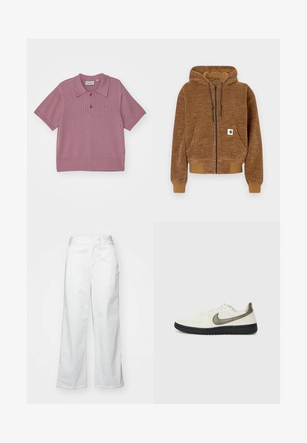 Brown zip-up hoodie with drawstring hood, front pocket, ribbed cuffs and hem, and white Carhartt brand label on pocket.; Carhartt WIP NORLINA - Polo shirt - dusty fuchsia; White wide-leg trousers made from cotton, featuring a smooth texture, straight fit, front pockets, and a clean hem.; Nike Sportswear FIELD GENERAL - Trainers - off-white/black