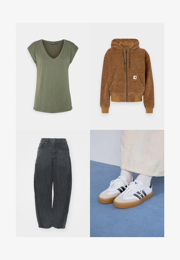 Ruskea vetoketjuhuppari, jossa on nyörillinen huppu, etutasku, ribbattu hihansuut ja helma, sekä valkoinen Carhartt-logo taskussa.; Oliivinvihreä V-kaula-aukkoinen t-paita, joka on valmistettu pehmeästä ja kevyestä kankaasta. Lyhyet hihat, rento istuvuus ja suora helma. Ei kuvioita tai koristeita.; Löysät mustat farkut, joissa on haalistunut viimeistely, viisi taskua, vyötärön napitus ja ommellut yksityiskohdat edessä ja sivuilla.; Valkoiset tennis kengät, joissa on mustia raitoja ja vaaleanruskeita mokka-yksityiskohtia. Varustettuna textuurilla varustetulla kumipohjalla ja tasaisilla valkoisilla kengännauhoilla, käytetään vaaleiden sukkien kanssa.