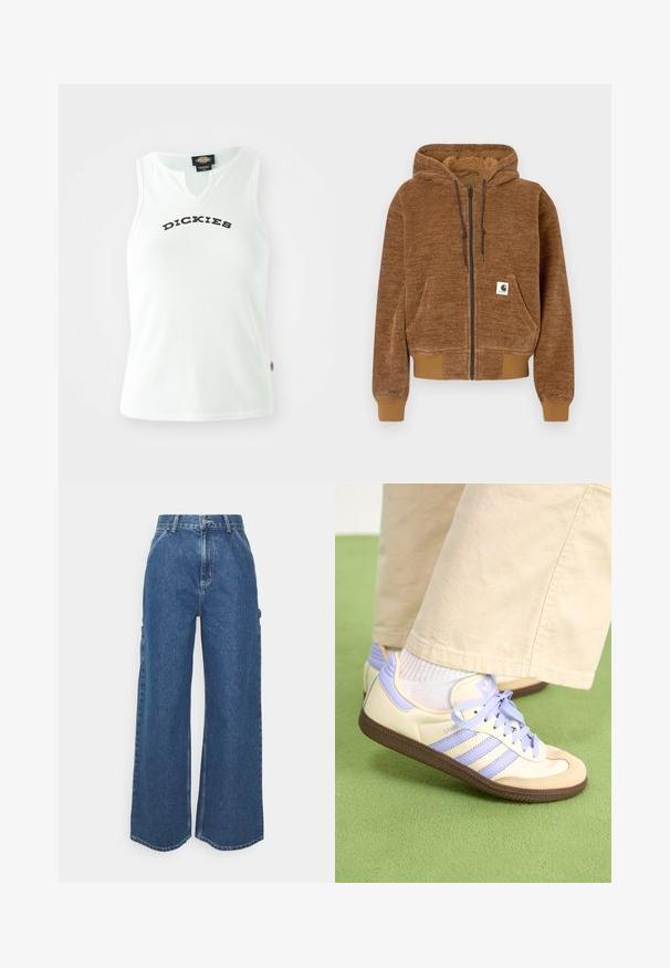 Brown zip-up hoodie with drawstring hood, front pocket, ribbed cuffs and hem, and white Carhartt brand label on pocket.; White ribbed tank top with a V-neck design, featuring the word "DICKIES" in bold black letters across the chest. No sleeves.; Wide-leg blue denim trousers with a high waist, contrasting stitching, and side pockets, featuring a classic five-pocket design and raw hems.; Cream and lavender sneakers with three stripes and a textured brown sole, featuring laces and a padded heel. Soft fabric upper.