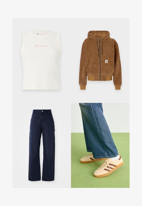Brown zip-up hoodie with drawstring hood, front pocket, ribbed cuffs and hem, and white Carhartt brand label on pocket.; White ribbed tank top with a crew neckline and a small pink "Roxy" logo on the chest. Smooth texture, fitted design, no sleeves.; Navy blue wide-leg cargo pants with a sturdy cotton fabric, featuring side pockets and a button closure at the waist.; Beige sneakers with textured cream panels and brown stripes, paired with blue denim jeans. The jeans have a wide leg and frayed hem.