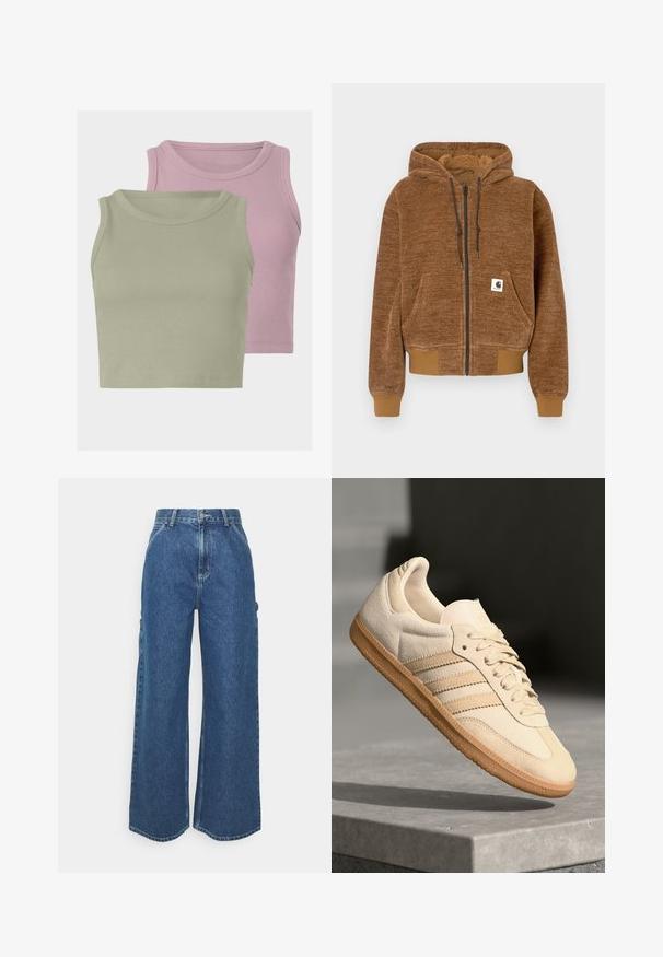 Brun zip-up hoodie med dragsko i huvan, framficka, ribbade ärmslut och nederkant, samt vit Carhartt-logotyp på fickan.; Två ärmlösa ribbade crop tops, en i ljusgrön och en i ljusrosa, som visar en mjuk textur och rund halsringning.; Breda ljusblå denimbyxor med hög midja, kontrasterande sömmar och sidofickor, som har en klassisk femficksdesign och råa kanter.; Ljusbeige mockasneaker med gummisula, tre diagonala ränder och en texturerad tåhuvud. Har logotyp på tungan och sidan.