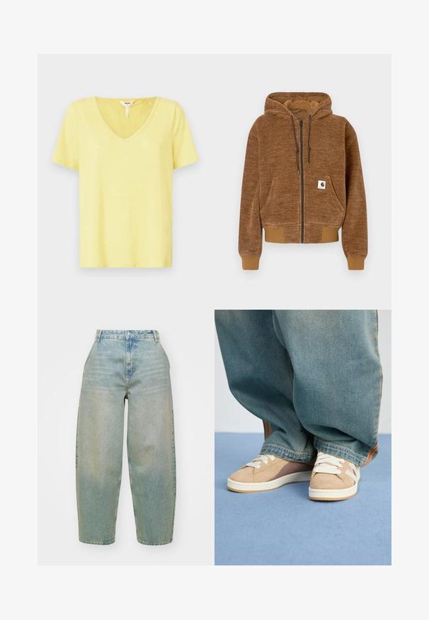 Brown zip-up hoodie with drawstring hood, front pocket, ribbed cuffs and hem, and white Carhartt brand label on pocket.; Yellow V-neck t-shirt made of soft fabric with short sleeves, featuring a relaxed fit and minimal stitching detail at the neckline.; Light blue denim jeans with a high waist, wide legs, subtle fading, and classic button closure. Features five pockets and stitched detailing.; Beige sneakers with suede and fabric materials, featuring white laces, light brown accents, and a textured sole. Worn with loose blue denim pants.