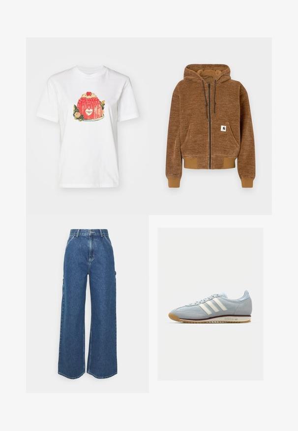 Brązowa bluza z kapturem na zamek błyskawiczny, z sznurkiem do ściągania, przednią kieszenią, ściągaczami w mankietach i na dole oraz białą naszywką marki Carhartt na kieszeni.; Biała bawełniana koszulka z kolorową ilustracją deseru z wiśnią na wierzchu oraz kwiatowymi akcentami, umieszczoną na środku przodu.; Szerokie niebieskie dżinsowe spodnie z wysokim stanem, kontrastowymi szwami i bocznymi kieszeniami, z klasycznym pięciokieszeniowym wzorem i surowymi brzegami.; Jasnoniebieskie zamszowe sneakersy z białymi trzema paskami, gumową podeszwą i teksturowaną siateczką. Posiadają gładki czubek oraz logo na pięcie.