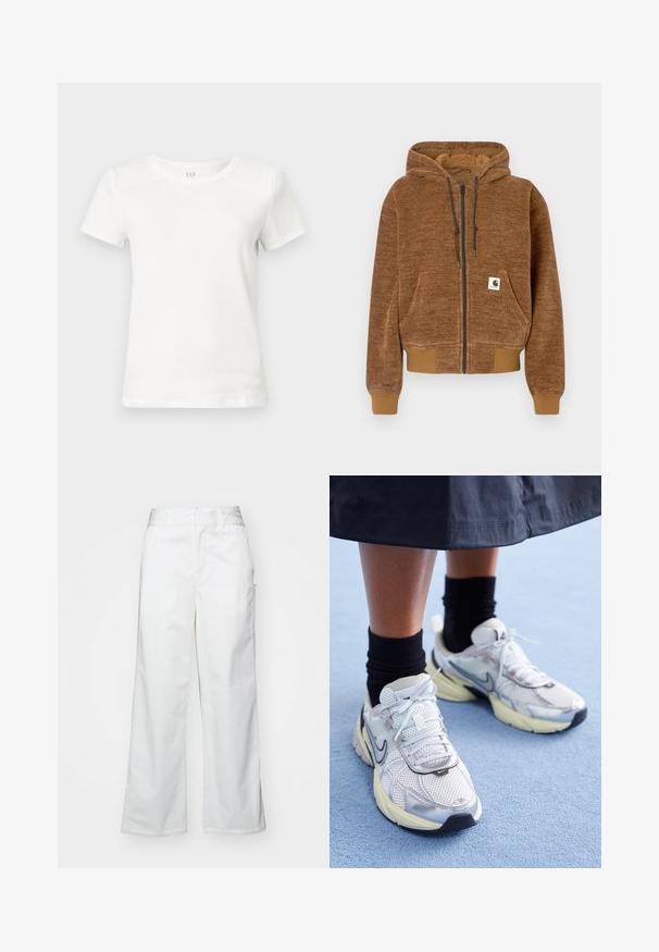 Rjava zip-up kapuca z nastavljivo kapuco, sprednjim žepom, rebrastimi manšetami in spodnjim robom ter belim Carhartt logotipom na žepu.; Bela bombažna majica, kratki rokavi, okrogli izrez, gladka tekstura, ravno krojena, etikete vidne znotraj ovratnika, brez grafičnih motivov ali okrasitev.; Bele hlače širokega kroja iz bombaža, z gladko teksturo, pravim fitom, sprednjimi žepi in čistim robom.; Bele in srebrne Nike teniske z mrežasto tkanino, refleksnimi poudarki in bež podplatom. Nosi se z črnimi nogavicami, stoji na modri površini.