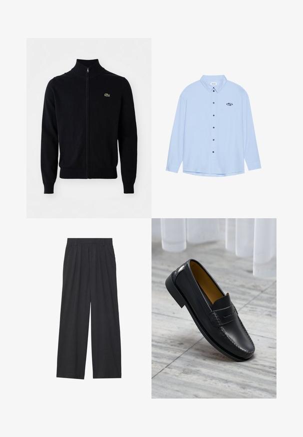 Svart glidelås cardigan laget av myk stoff, med høy krage, ribbestrikkede mansjetter, og en liten grønn krokodillelogo på brystet.; Lyseblå knapp-up skjorte laget av glatt stoff. Har krage, lange ermer, svarte knapper og en liten svart logo på venstre bryst.; Vide benbukser laget av mørkegrått stoff. Har legg i midjen, en skreddersydd design, og en rett silhuett.; Svarte lærloafers med en glatt overflate, med dekorativ søm og hevet detalj på forfoten, plassert på en marmoroverflate.