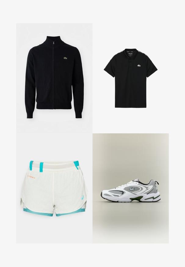 Czarny kardigan zapinany na zamek wykonany z miękkiego materiału, z wysokim kołnierzem, ściągaczami na rękawach oraz małym zielonym logo krokodyla na piersi.; Czarna koszulka polo wykonana z bawełny. Posiada kołnierzyk, krótkie rękawy oraz małe białe logo na piersi. Szwy boczne z wzorzystym detalem.; Lekkie, siateczkowe szorty w kolorze białym z turkusowymi akcentami. Posiadają wzór w kratkę, ściągacz w pasie oraz boczne rozcięcia dla lepszej swobody ruchów.; Białe i szare sportowe buty do biegania z siateczkowymi wstawkami, zielonymi akcentami, czarnymi detalami i logo po stronie, pokazane z zewnętrznej strony.