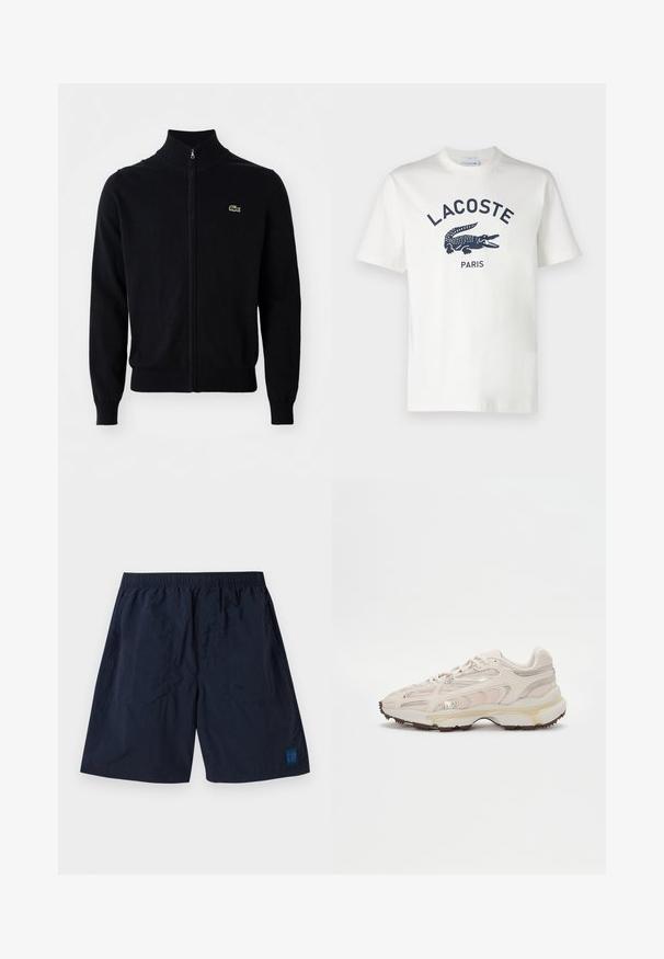 Cardigan negru cu fermoar, confecționat dintr-un material moale, având un guler înalt, manșete ribbate și un mic logo verde în formă de crocodil pe piept.; Tricou alb din bumbac cu mânecă scurtă, prezentând un logo Lacoste bleumarin și un grafic cu crocodil centrat pe piept. Textură moale.; Shorts bleumarin dintr-un material ușor, cu o talie elastică și un mic logo pătrat GAP în colțul din dreapta jos.; Încălțăminte sport de un bej deschis, cu partea superioară din plasă, accente texturate și detalii aurii. Dispune de o talpă intermediară groasă albă și talpă din cauciuc.