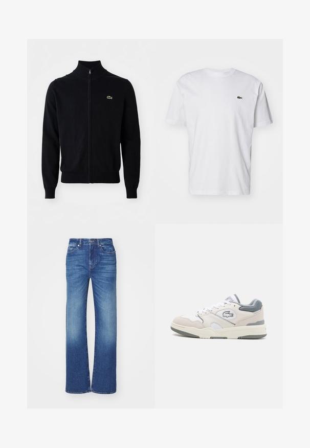 Cárdigan negro con cremallera, hecho de una tela suave, con un cuello alto, puños acanalados y un pequeño logo de cocodrilo verde en el pecho.; Camiseta de algodón blanca con cuello redondo, mangas cortas y un pequeño logotipo bordado en verde en el pecho. Diseño clásico de corte recto.; Jeans de denim azul con un diseño de pierna recta, que presentan un acabado desgastado, cinco bolsillos y un cierre de botón y cremallera en la cintura.; Zapatillas Lacoste que combinan cuero blanco y gamuza gris clara, con una suela gruesa color crema y detalles texturizados en gris.