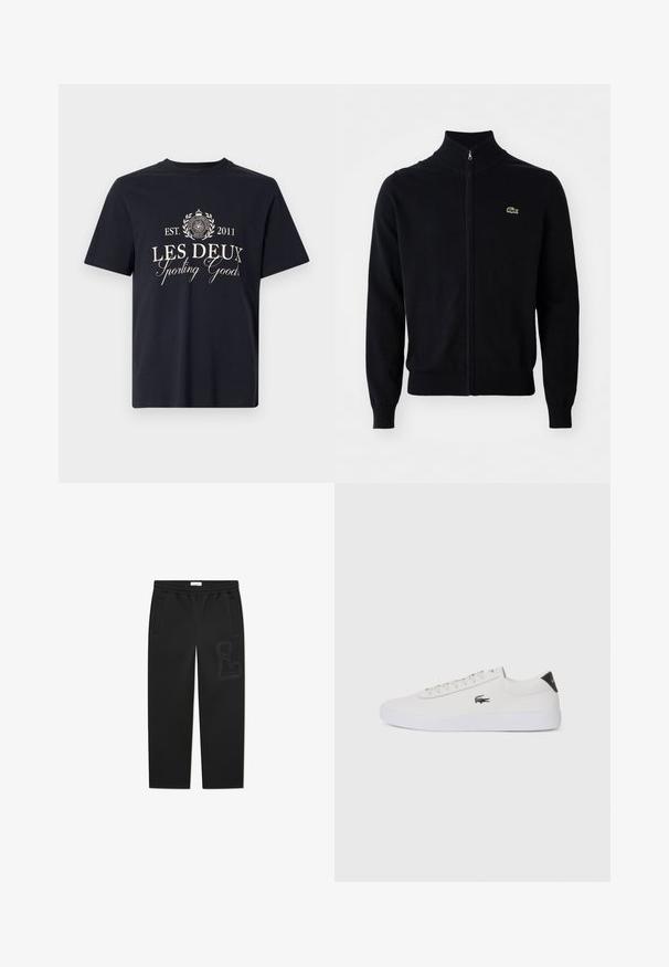 Musta lukuga kardigan pehmest kangast, millel on kõrge krae, soonikust mansetid ja väike roheline krokodillilogo rinnal.; Tumesinine puuvillane T-särk lühikeste varrukatega. Kölab valget teksti: "LES DEUX Sporting Goods EST. 2011" ja ringikujulist logodisaini.; Mustad mustad, pehmest kangast, millel on nööriga vöökoht, kaks külgekotti ja diskreetne "L" logo vasakul alakäel.; Valge nahast tenniseking ümara ninaga, lukkude ja musta kontsa aktsendiga. Külgedel on väike broderi krokodilli logo.