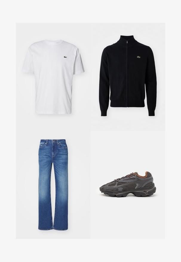 Cardigan preto com fecho zip, feito de um tecido macio, apresentando um colarinho alto, punhos canelados e um pequeno logo de crocodilo verde no peito.; T-shirt de algodão branco com decote redondo, mangas curtas e um pequeno logótipo bordado verde no peito. Design clássico de corte reto.; Jeans de ganga azuis com um design de perna reta, apresentando um lavagens desbotada, cinco bolsos e um fecho de botão e zíper na cintura.; Ténis Lacoste em cinza-escuro com material em malha e sintético, apresentando uma sola texturizada e detalhes castanhos na gola e na marca.