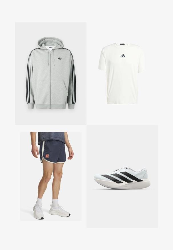 Gray zip-up hoodie with black three-stripe accent on sleeves, ribbed cuffs and hem, featuring a small black logo on the chest.; White short-sleeve t-shirt made of lightweight fabric with a crew neck and a dark gray logo on the chest. Smooth texture, casual fit.; Navy athletic shorts with white trim and an Under Armour logo. Lightweight fabric with a textured surface, designed for comfort during physical activity.; Lightweight running shoes in pale blue with black stripes. Features a smooth upper, round toe, and thick white midsole labeled "LIGHTSTRIKE PRO."