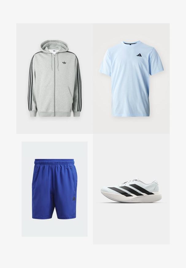 Szürke cipzáras kapucnis pulóver fekete háromcsíkos díszítéssel az ujjakon, bordázott mandzsettákkal és szegéllyel, kis fekete logóval a mellkason.; Világoskék pamut póló rövid ujjakkal, kerek nyakkal és fekete logóval a mellrészen. Sima textúra és laza szabás.; adidas Performance TR-ES WV SHO - Sport rövidnadrágok - blue; Világoskék, fekete csíkos könnyű futószerek. Simább felső résszel, kerek orral és vastag fehér középtalppal, amelyen a "LIGHTSTRIKE PRO" felirat olvasható.
