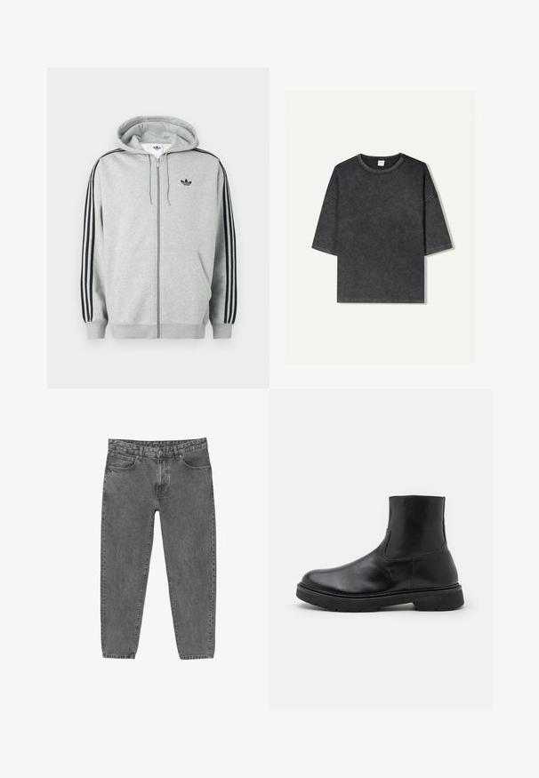 Grå zip-hoodie med svarta tre-randiga detaljer på ärmarna, ribbstickade muddar och fåll, med en liten svart logotyp på bröstet.; Överdimensionerad kortärmad t-shirt i mörkgrå, tillverkad av bomull. Har en rund halsringning och synlig sömnad längs kanterna.; Grå denimjeans med klassisk femficksdesign, avsmalnande ben och synlig sömnad samt en något urtvättad finish.; Svarta läderankelstövlar med en mjuk yta, rund tå och elastiska sidpaneler; kraftig gummisula för ökad hållbarhet.