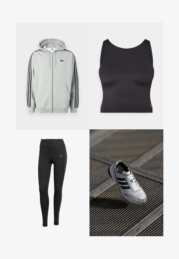 Grå hættetrøje med lynlås og sorte tre-stribe detaljer på ærmerne, ribstrikkede manchetter og kant, med et lille sort logo på brystet.; Sort atletisk crop top lavet af glat, strækbart stof med rund halsudskæring og ærmeløs design. Har en subtil logo detalje.; Sorte atletiske leggings lavet af strækbare materialer, med høj talje, tonale syninger og et lille logo på den øverste venstre ben.; Lette løbesko med en hvid mesh-overdel, tre sorte striber, grå detaljer og en tekstureret sål for godt greb.