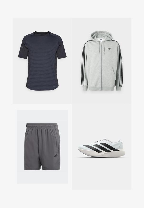 Sweatshirt cinzento com fecho de correr e destaque preto de três riscas nas mangas, punhos e bainha canelados, com um pequeno logótipo preto no peito.; Camiseta atlética de mangas curtas em cinza escuro, com um padrão texturizado, tecido que afasta a humidade e um design de gola redonda.; Bermudas atléticas cinzas com um cós elástico, bolsos laterais com zíper e um detalhe de logo preto. Leves, com textura suave e comprimento até ao joelho.; Tênis de corrida leves em azul pálido com riscas pretas. Apresentam um cabedal liso, bico redondo e uma entressola espessa branca rotulada como "LIGHTSTRIKE PRO."