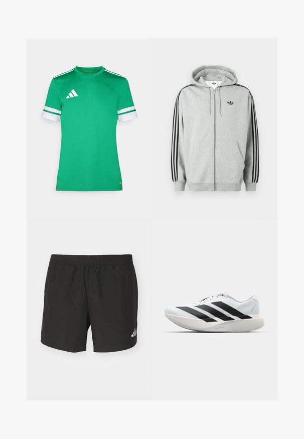 Sivá mikina na zips s čiernym pruhom pozostávajúcim z troch prúžkov na rukávoch, rebrovanými manžetami a spodným lemom, s malým čiernym logom na hrudi.; Zelené športové tričko vyrobené z hladkej látky, s bielymi pruhmi na rukávoch a trojuholníkovým bielym logom na ľavej hornej strane.; Čierne atletické šortky s elastickým pásom, bočnými rozparkami a reflexnými logovými akcentmi. Vyrobené z ľahkej, hladkej tkaniny.; Ľahké bežecké topánky v svetlomodrej farbe s čiernymi pruhmi. Majú hladký zvršok, okrúle špičky a hrubú bielu medzipodrážku označenú "LIGHTSTRIKE PRO."