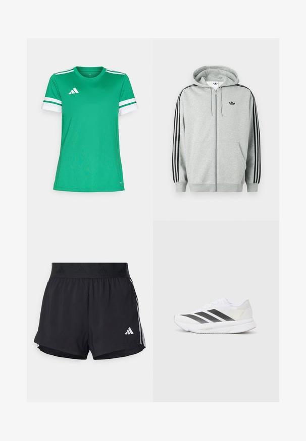 Hanorac gri cu fermoar, cu accente negre cu trei dungi pe mâneci, manșete și tiv striate, având un mic logo negru pe piept.; Cămașă sport verde dintr-un material ușor, cu guler rotund, mâneci cu dungi albe și un logo în colțul din stânga sus.; Shorts de atletism negri cu un brâu elastic, având o bandă texturată, dungi laterale și un logo alb Adidas pe tivul de jos.; Săptămână albă de sport cu dungi diagonale negre, partea superioară din plasă, vârf rotunjit și talpă texturată. Accentele includ un toc argintiu și un design minimalism.