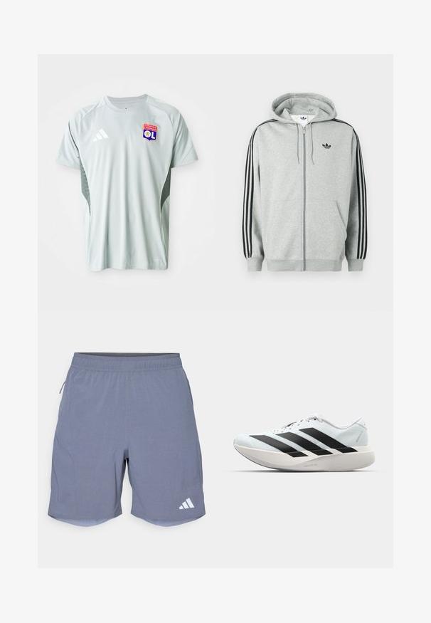 Sivá mikina na zips s čiernym pruhom pozostávajúcim z troch prúžkov na rukávoch, rebrovanými manžetami a spodným lemom, s malým čiernym logom na hrudi.; Svetlo šedé tričko s krátkym rukávom na futbal, s okrúhlym výstrihom, logom Adidas a emblémom Olympique Lyonnais na prednej strane, s textúrovanými stranami.; adidas Performance Športové šortky - onix; Ľahké bežecké topánky v svetlomodrej farbe s čiernymi pruhmi. Majú hladký zvršok, okrúle špičky a hrubú bielu medzipodrážku označenú "LIGHTSTRIKE PRO."