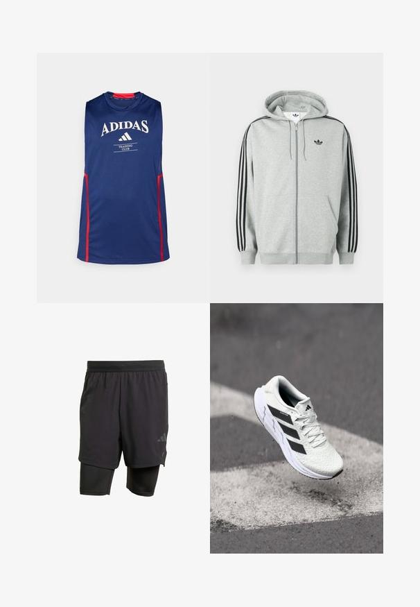 Gray zip-up hoodie with black three-stripe accent on sleeves, ribbed cuffs and hem, featuring a small black logo on the chest.; Navy blue sleeveless training top with red side accents. Features white "ADIDAS" logo and "TRAINING CLUB" text on the front. Made of breathable material.; Black athletic shorts with integrated inner layer, made from breathable fabric. Features subtle logo and structured texture. Adjustable waistband.; White athletic shoe with textured mesh upper, black stripes, lace closure, and a cushioned sole, levitating above a marked road surface.